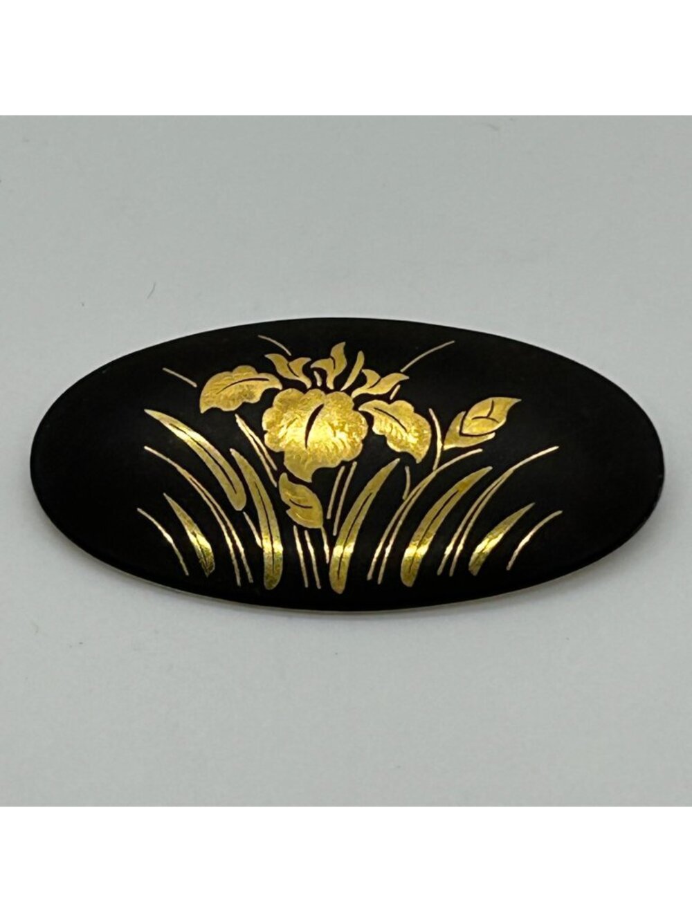Vintage Japanese Damascene Brooch Gold-tone Inlay Black Oval Iris Flower Pin
